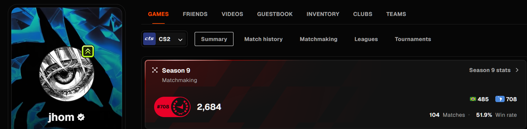 Perfil do Jhom na FACEIT com 2.684 de Elo